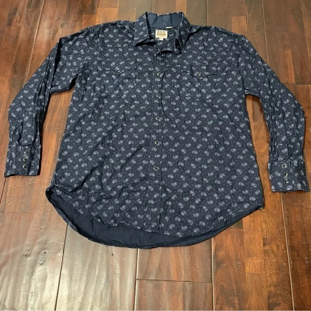 Ely Cattleman Long Sleeve Navy Pearl Snap Button Up Size XL
